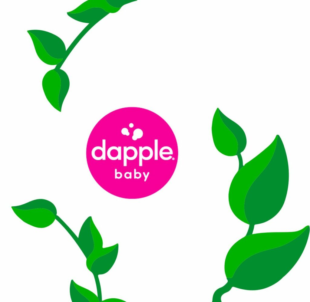 Dapple Baby logo surrounded by three green leaf branches
